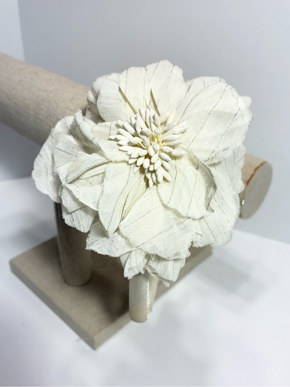 Oversized Flower Statement Satin Headband Ivory & Metallic Silver